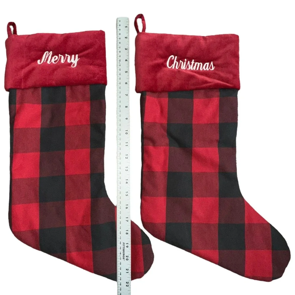2-Embroidered Pottery Barn‎ Red Black Buffalo Check Plaid Christmas Stocking